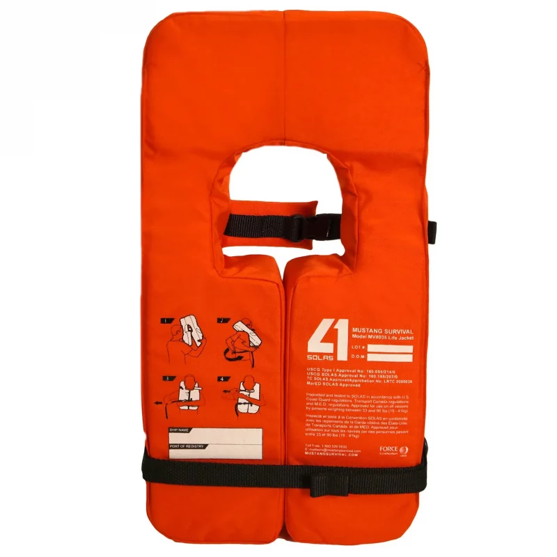 Back view of Mustang Survival® SOLAS Type 1 Adult Life Jacket featuring SOLAS-approved reflective tape, adjustable straps, and durable construction for enhanced safety in open water emergencies.