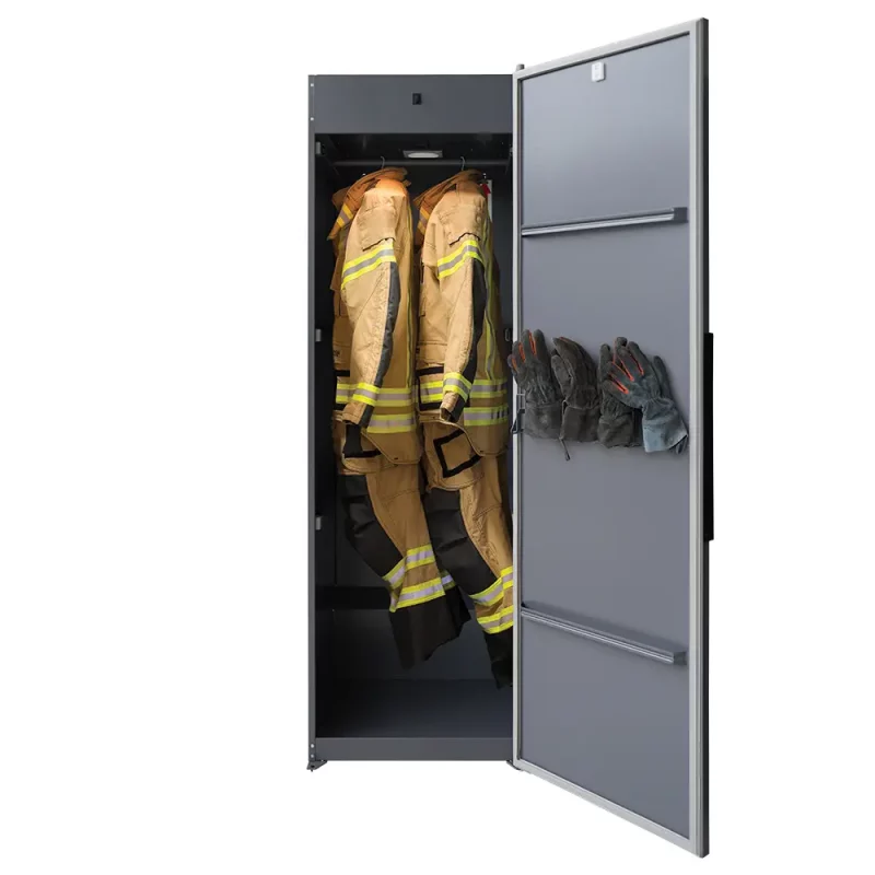 Front view of Ready Rack™ Vortex DC2 Drying Cabinet — 2-Gear with door open, showing interior shelving and space designed for efficient drying of firefighting gear.