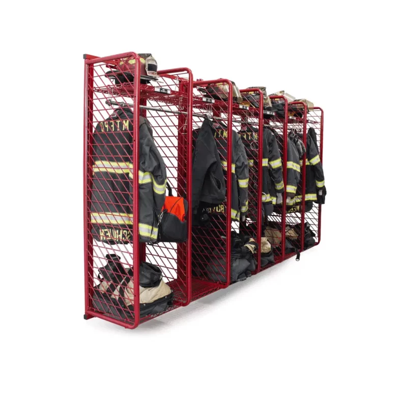 Front-side view of Ready Rack™ Wall Mounted Red Rack featuring multiple shelves neatly organized with firefighting helmets, shirts, turnout gear, and bags for efficient storage and quick access.