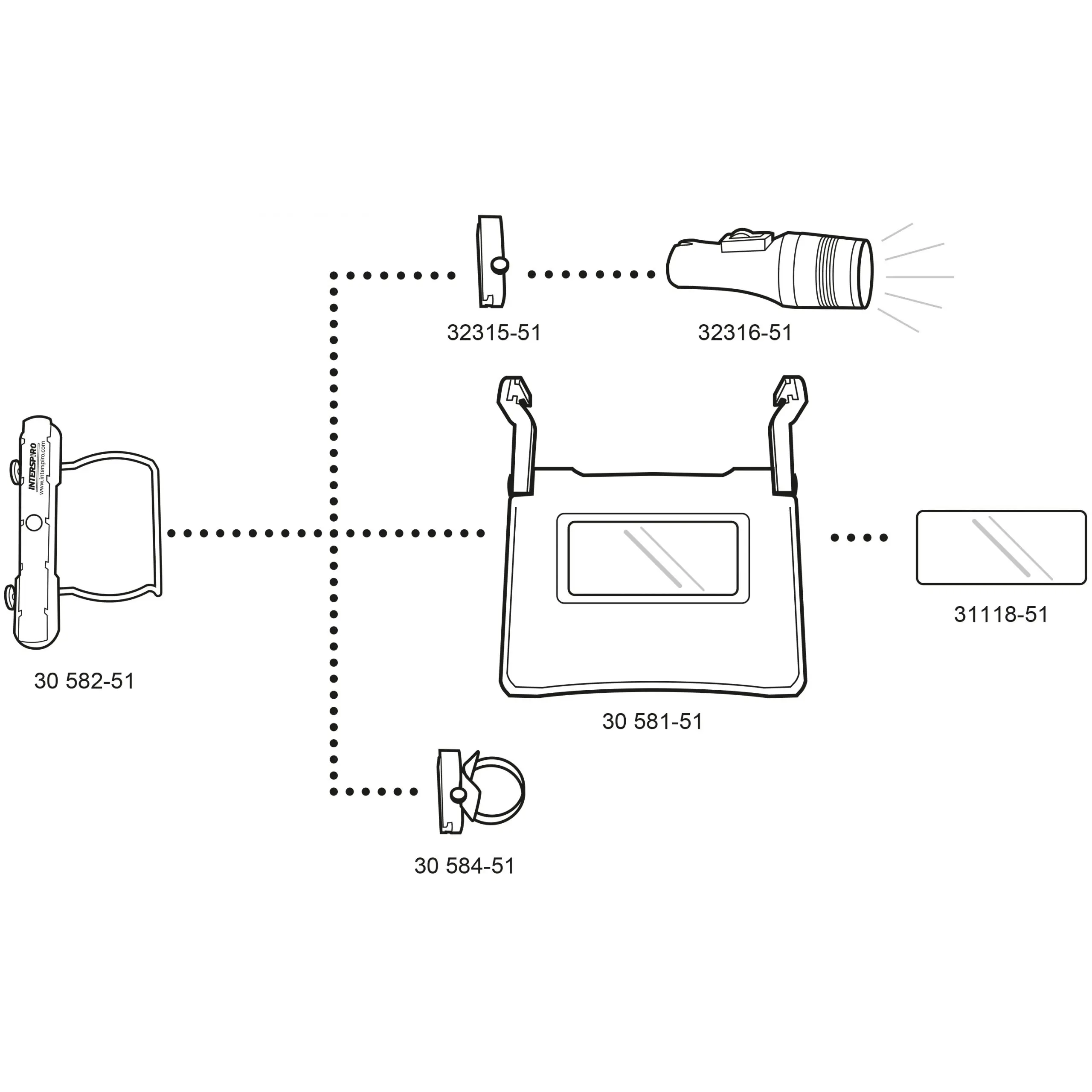 Interspiro™ Divator Rail System diagram showing all detached components for clear identification and assembly of the respiratory mounting equipment.