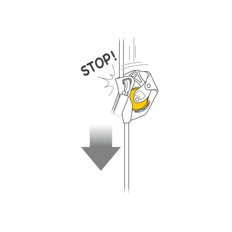 Diagram showing the Petzl® ASAP® Fall Arrester activating to stop descent, demonstrating its automatic locking function in the event of a fall or sudden acceleration.