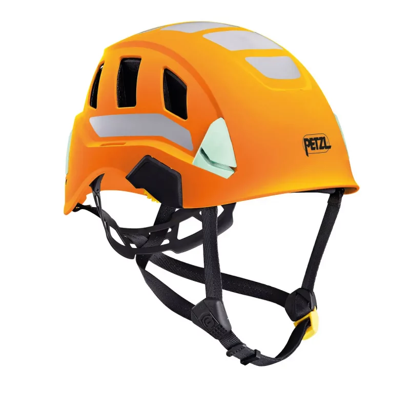 Petzl® STRATO® VENT HI-VIZ Helmet in high-visibility orange, featuring multiple ventilation holes and an adjustable chin strap for comfort and protection in industrial and rescue settings.