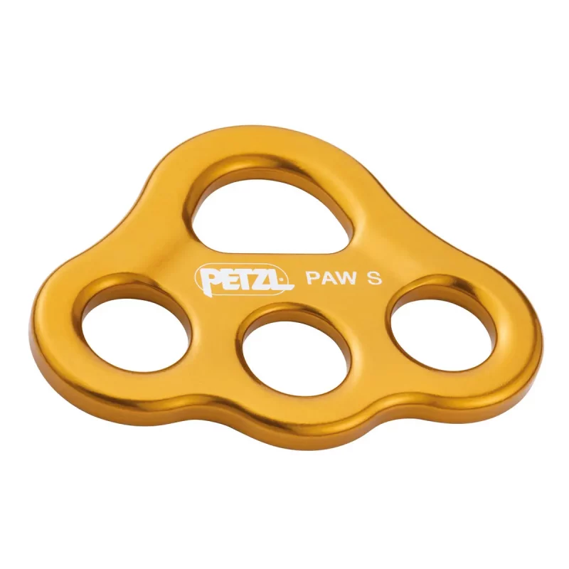 Yellow Petzl® PAW Rigging Plate with four holes, showing its compact aluminum design for organizing carabiners and managing rope systems.