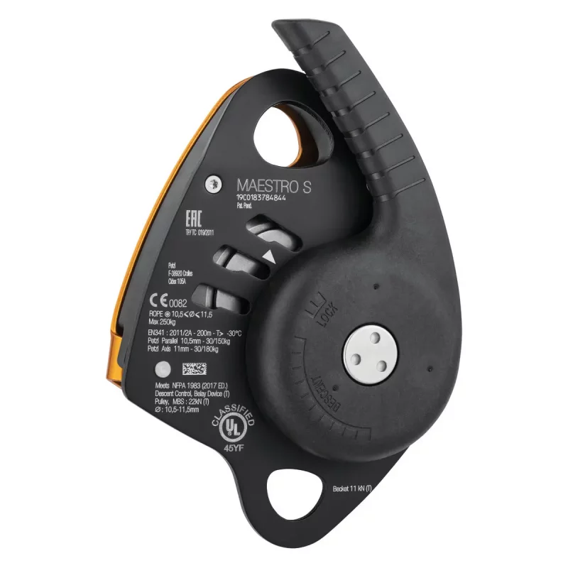 Back view of the Petzl® MAESTRO® S Descender showing its compact design and ergonomic features for controlled rope descent and rescue applications.