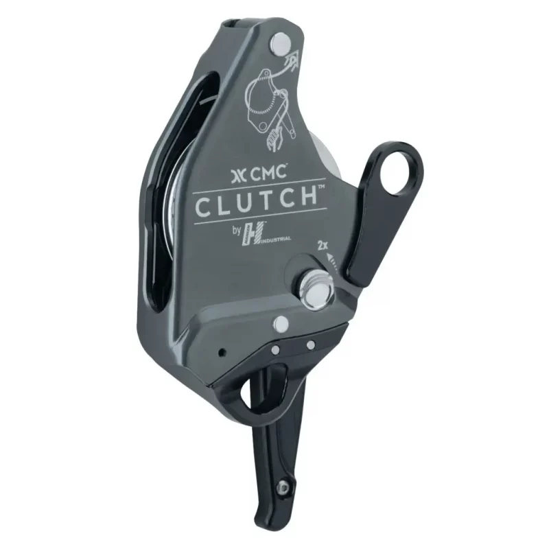 Front view of the Harken™ CMC CLUTCH™ in gray with the switch pointed downward, showing its ergonomic design for intuitive rope handling and secure operation in technical rescue scenarios.