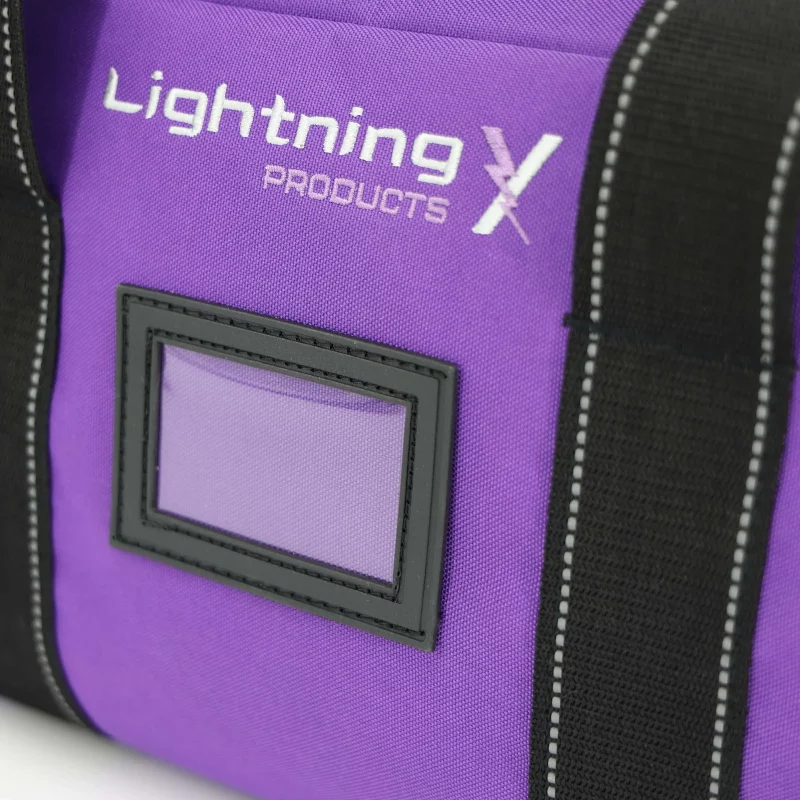 Closeup of back view of Lightning X LXMB30 purple variant large EMT first responder bag, showing padded back panel and reinforced stitching for comfort and durability.