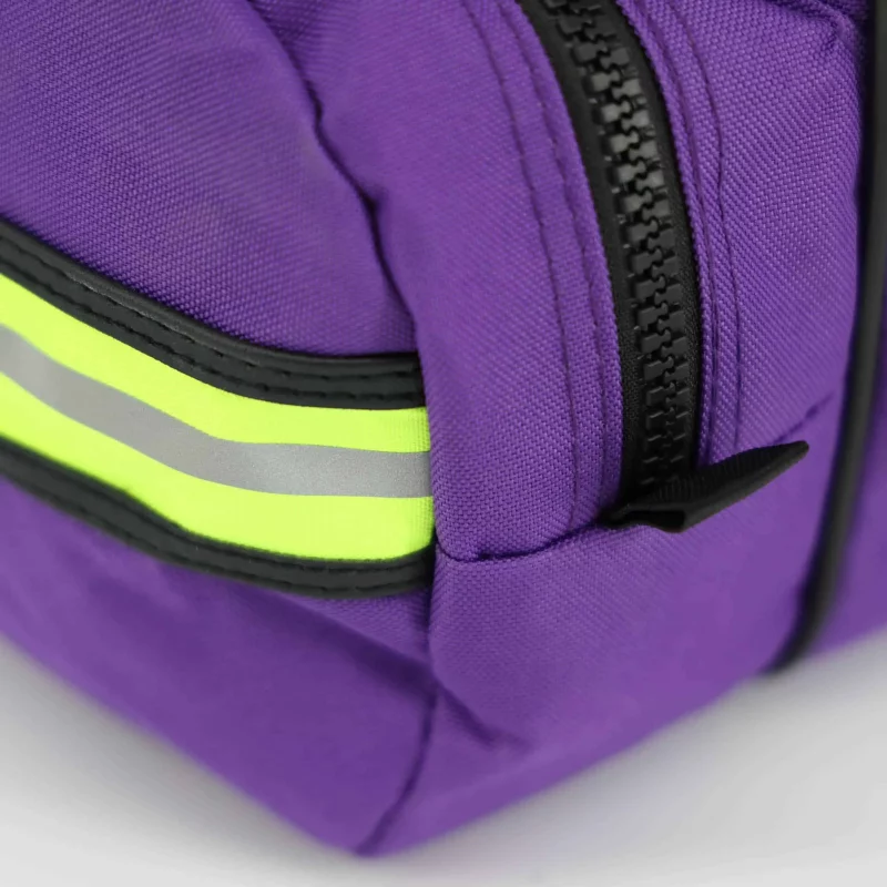 Closeup of Lightning X LXMB30 purple variant side panel, emphasizing reinforced stitching and heavy-duty fabric.