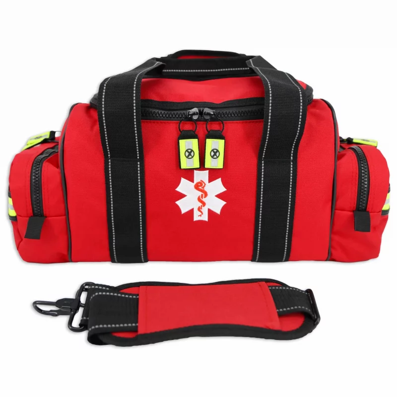 Front view of Lightning X LXMB30 red variant large EMT first responder bag with carrying straps detached and placed in front, highlighting modular design and portability.