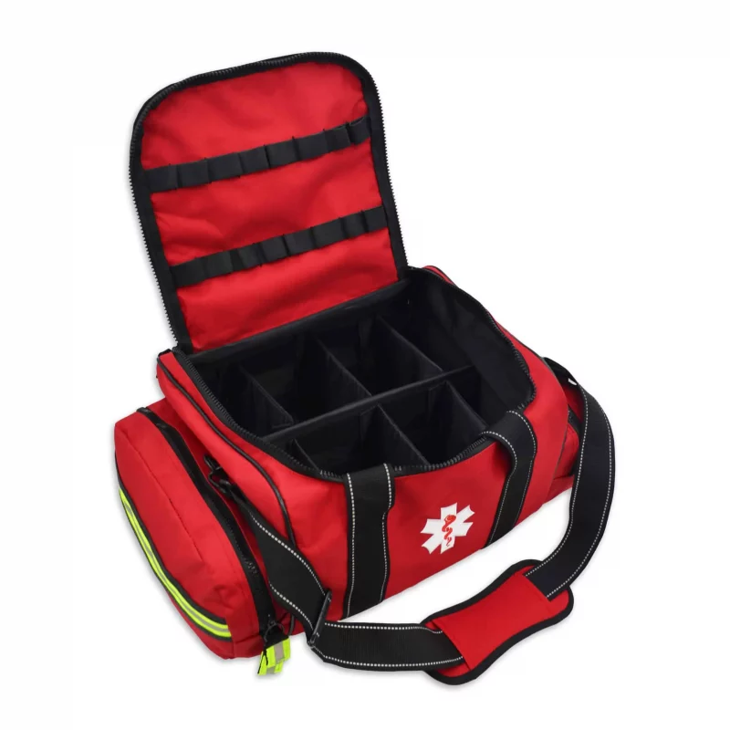 Front view of Lightning X LXMB30 red variant large EMT first responder bag with top open, revealing spacious, organized interior compartments.