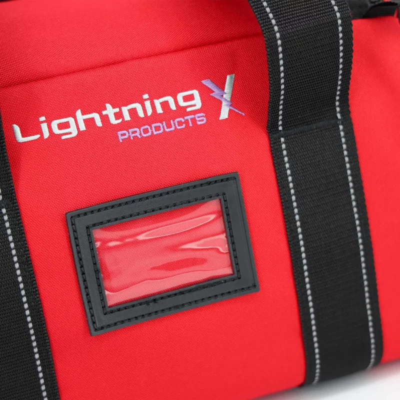Closeup of back view of Lightning X LXMB30 red variant large EMT first responder bag, showing padded back panel and reinforced stitching for comfort and durability.