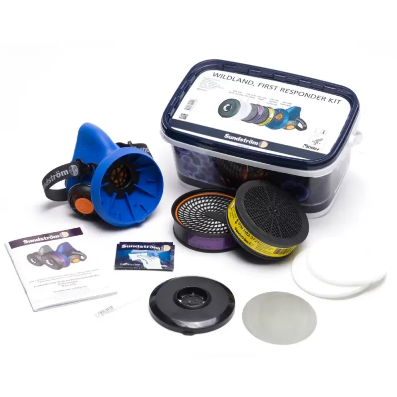 Sundström® Wildland First Responder Kit S/M with lid shut and all kit contents beside it — compact wildland firefighting respiratory protection kit shown closed alongside its organized components for easy identification.