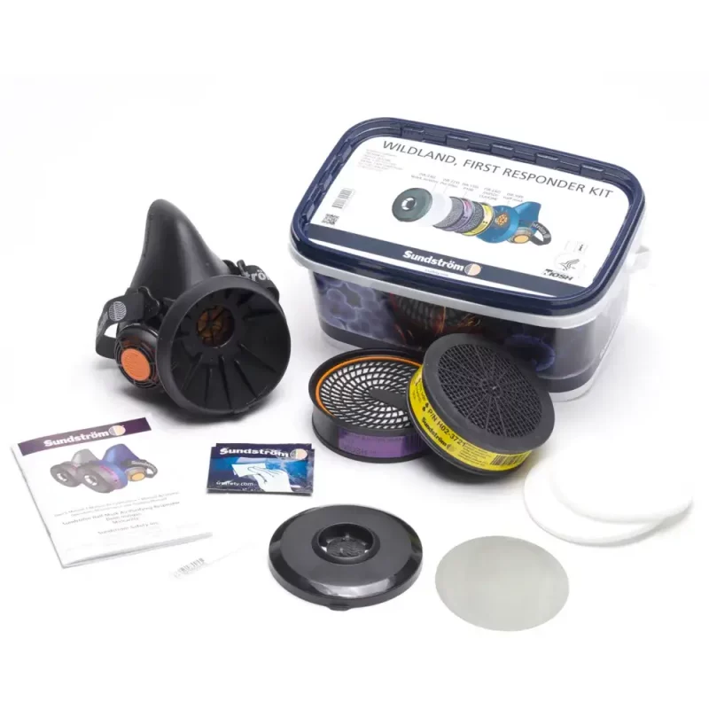 Sundström® Wildland First Responder Kit L/XL with lid opened and all kit contents beside it — organized wildland firefighting respiratory protection kit displayed with components laid out for clear visibility and easy identification.