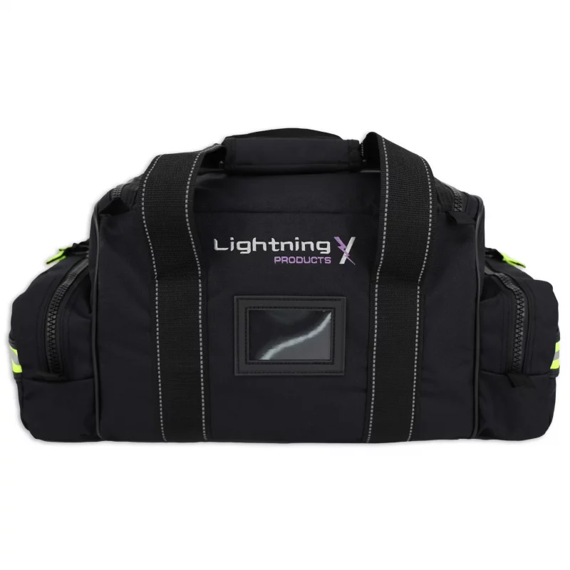 Back view of Lightning X LXMB30 black variant large EMT first responder bag, featuring padded straps and reinforced back panel.