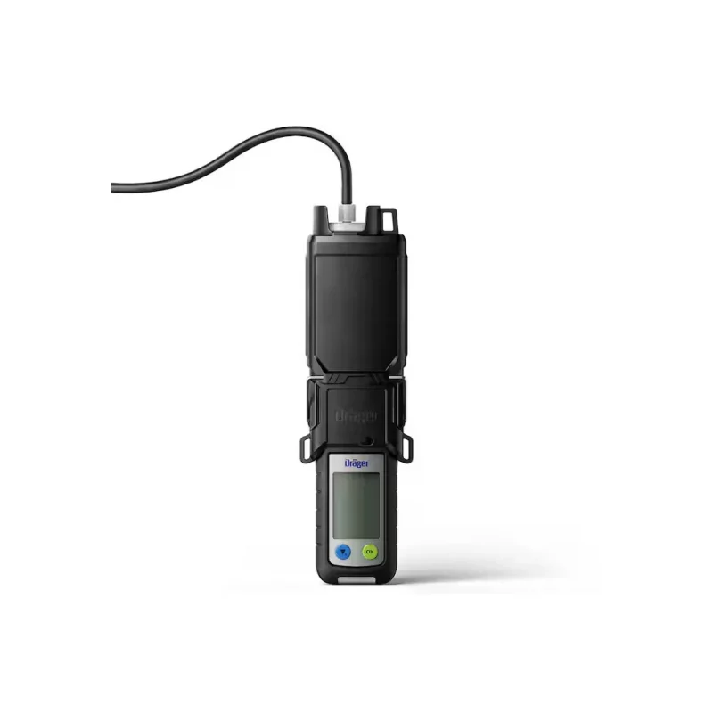 Side view of the Dräger X-am® 5800 Multi-Gas Detector with a cord connected at the top, highlighting its compact design and connectivity for gas detection.