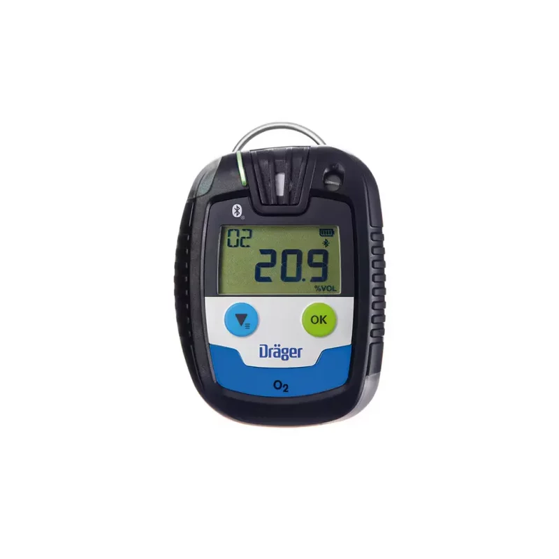 Dräger Pac® 6500 Single-Sensor Gas Detector for oxygen (O₂) monitoring, a compact and rugged device with a clear backlit display, 360° audible, visual, and vibrating alarms, plus Bluetooth® connectivity for real-time oxygen level tracking in industrial settings.