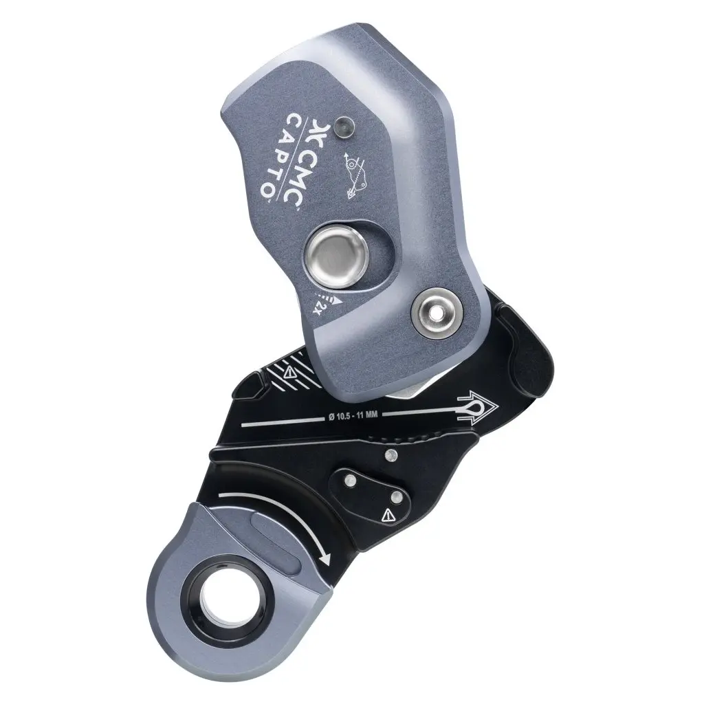 Close-up of the silver CMC™ CAPTO™ Multifunctional Rope Grab in the open position, highlighting its secure locking mechanism and easy rope insertion design for rescue and industrial use.