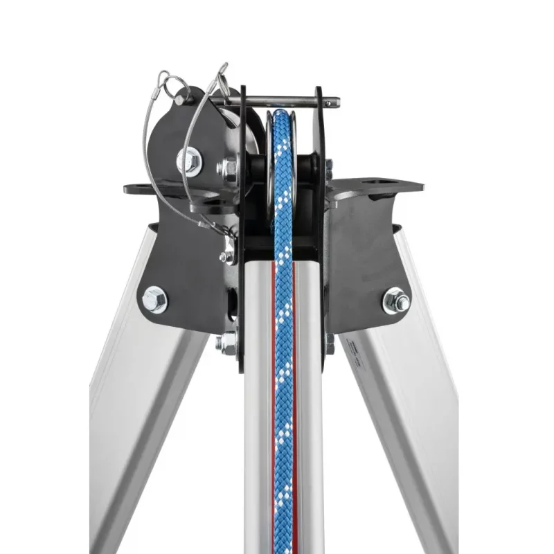 Close-up of the top of the CMC™ Triskelion™ tripod featuring secure rope attachment points and durable hardware for safe rescue rigging.