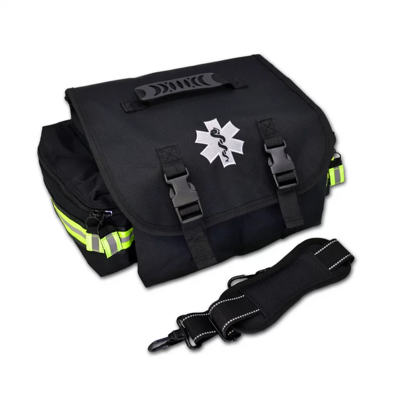 Black Lightning X LXMB20 small EMT first responder bag closed with detached strap placed in front, highlighting high visibility and portability.