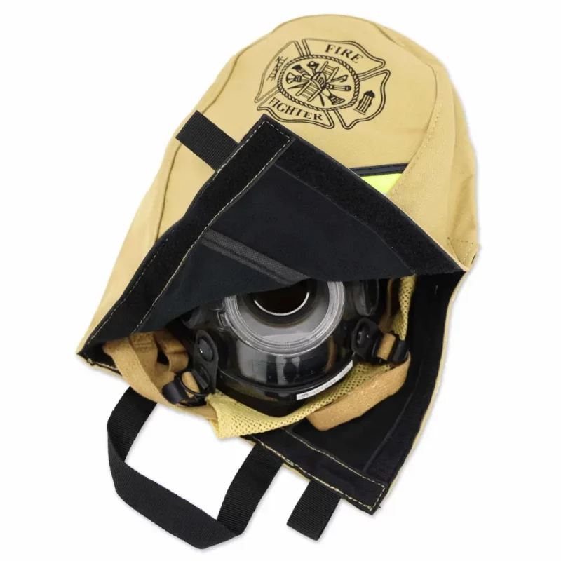 Front view of Lightning X LXFB30-XT Ripstop SCBA mask bag partially opened with SCBA mask inside, highlighting secure storage.