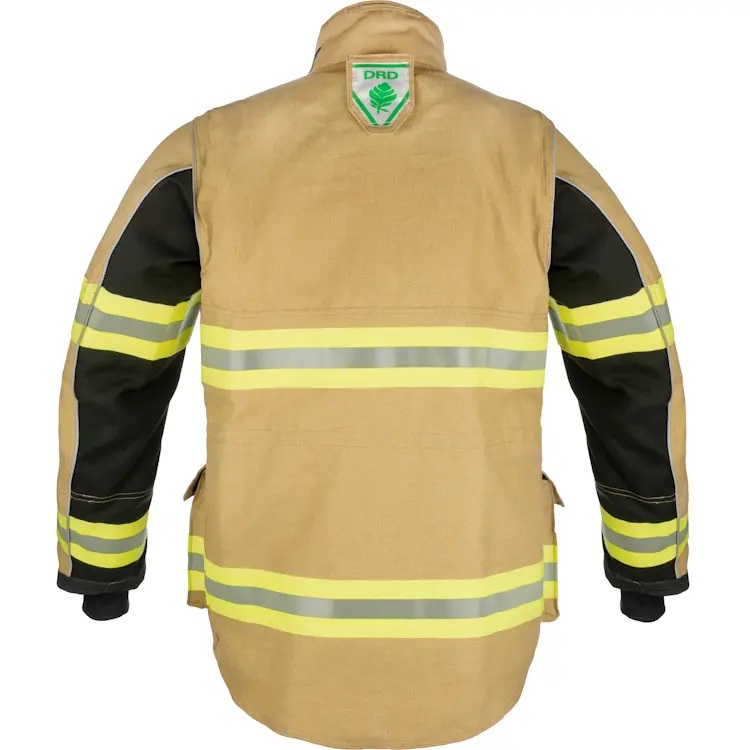 Back view of Lakeland® Stealth Premium Turnout Coat, highlighting reinforced shoulders, adjustable waist straps, and reflective striping for enhanced visibility and durability.