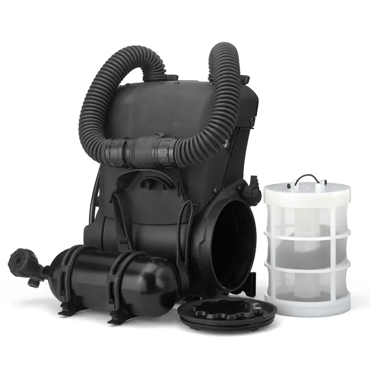 Back view of Interspiro OxyDive OX10 backpack with scrubber cartridge removed, showing internal compartment and components.