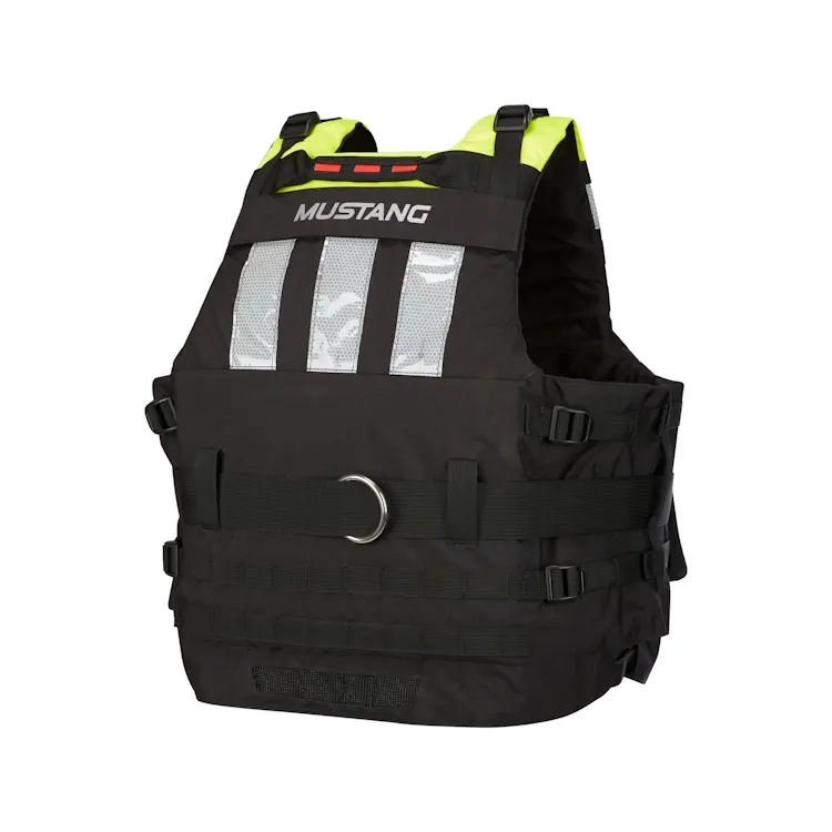 Back-side view of Mustang Survival® Universal Swift Water Rescue Vest highlighting ergonomic fit, shoulder adjustments, and streamlined design for unrestricted movement.