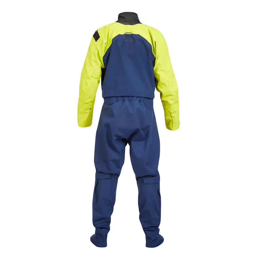 Mustang Survival® Men’s Hudson CCS Dry Suit in Mahi Yellow, back view highlighting reinforced panels, durable construction, and bright color for visibility in aquatic environments.