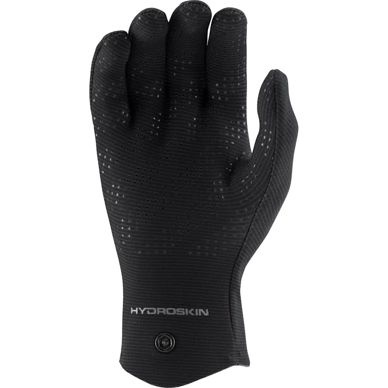 Single NRS Men’s HydroSkin Glove showing the palm side, featuring textured grip material for paddle control and reinforced finger zones.