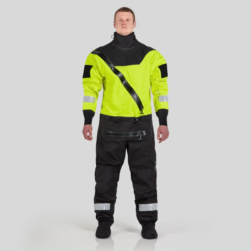 Front view of a man wearing the NRS Ascent SAR Dry Suit in safety yellow, highlighting the suit’s fit, zipper, and safety features.