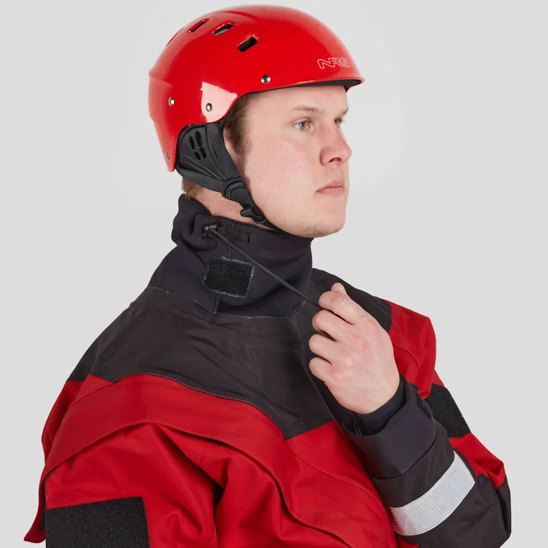 Closeup of a man wearing the NRS Ascent SAR Dry Suit in red, focusing on the latex neck gasket and padded shoulder area for comfort and waterproof sealing.