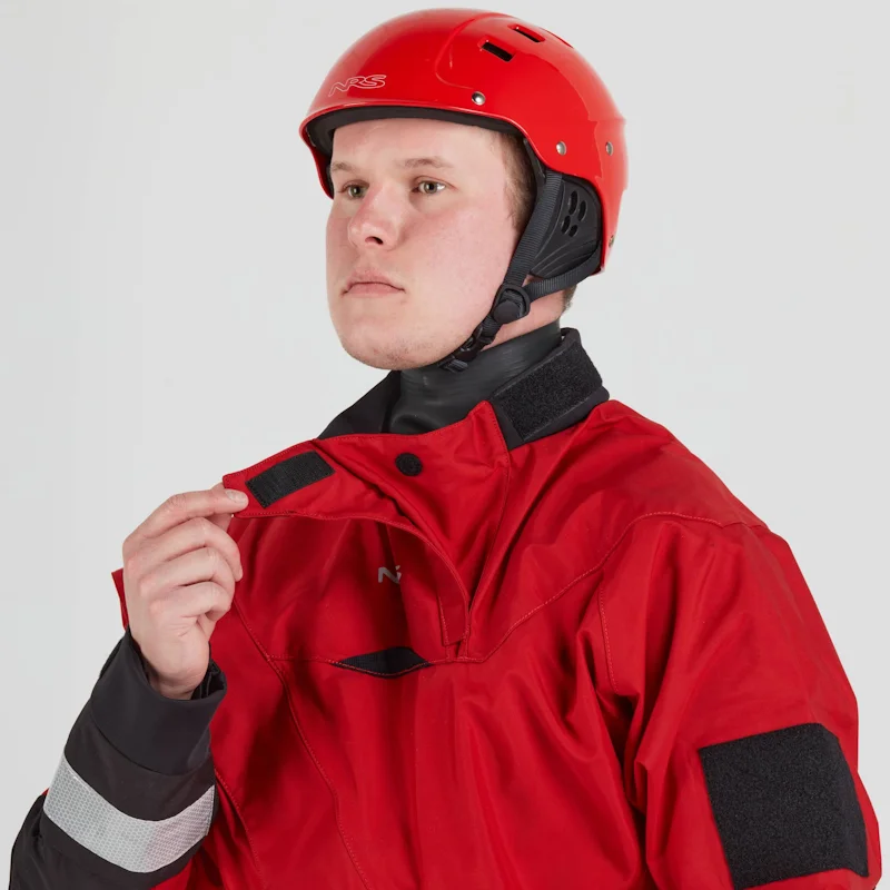 Closeup of the neck and shoulder area of a man wearing the NRS Extreme SAR Dry Suit in red, showing the latex neck gasket and reinforced shoulder panels.