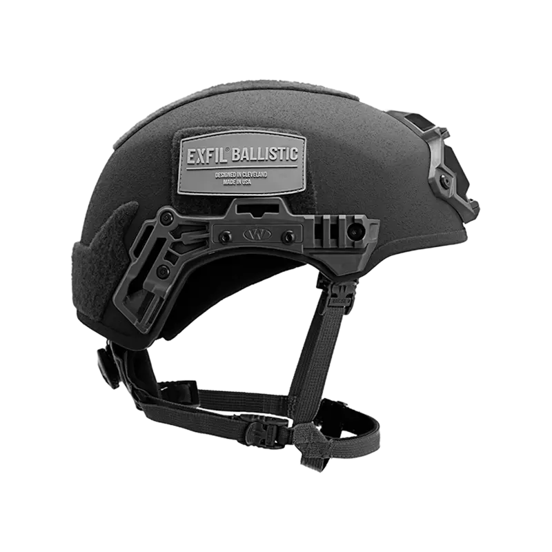 Right side view of the Team Wendy® EXFIL® Ballistic Helmet in black, displaying the side rail system, attachment points, and ergonomic fit for professional use.