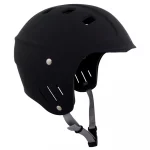 Right side view of the NRS Chaos Full Cut Helmet – Closeout in black, showcasing full ear protection, a durable ABS shell, and ventilation for comfortable, impact-resistant whitewater safety.