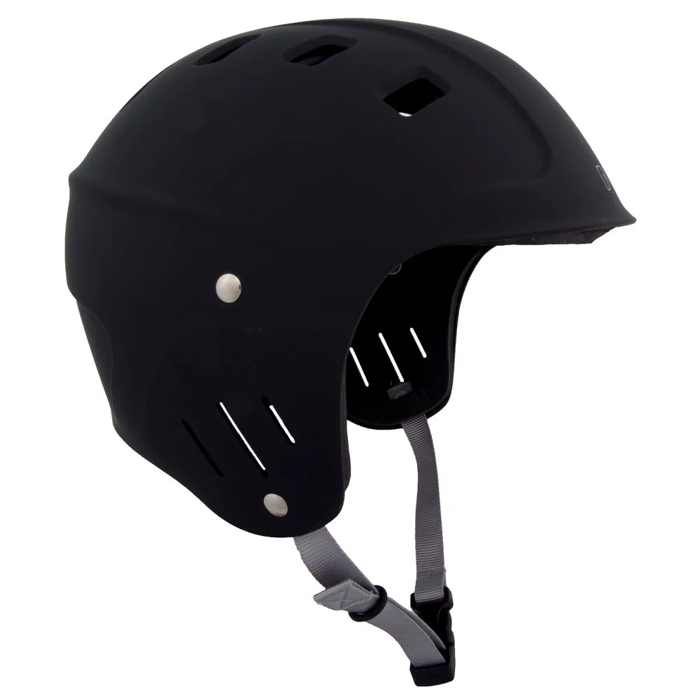 Right side view of the NRS Chaos Full Cut Helmet – Closeout in black, showcasing full ear protection, a durable ABS shell, and ventilation for comfortable, impact-resistant whitewater safety.