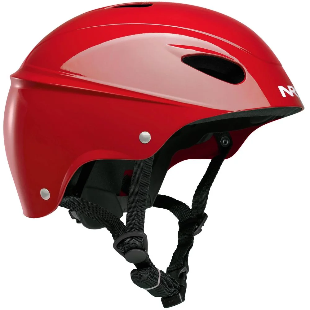 Side view of the NRS Havoc Livery Helmet in red, showcasing its vibrant design, durable ABS shell, adjustable straps, and ventilation for comfortable, impact-resistant whitewater protection.