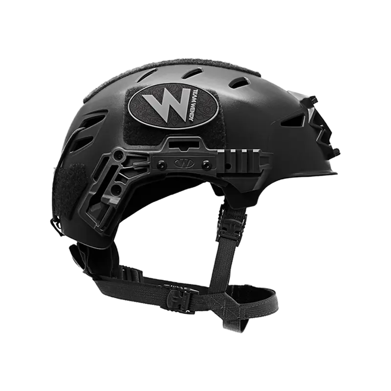 Right side view of the Team Wendy® EXFIL® LTP Bump Helmet in black, displaying the accessory rail and contoured fit for tactical or rescue use.