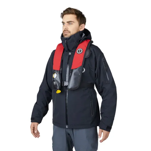 Mustang Survival® HIT Hydrostatic Inflatable PFD in red/black variant worn by a person, front view, hydrostatic automatic inflatable life jacket for boating and marine safety.