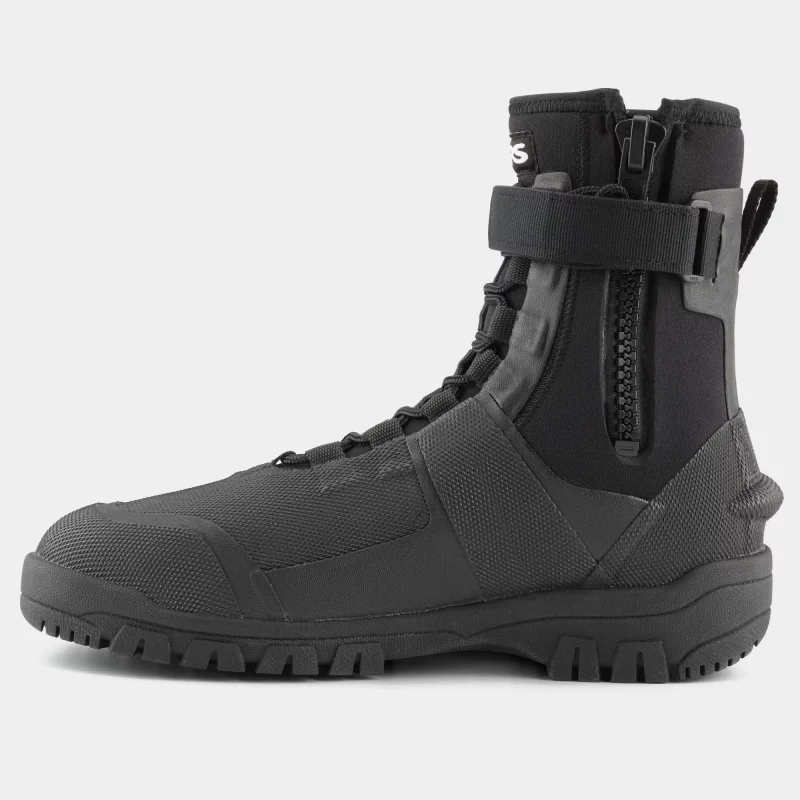 Left side view of a single NRS Workboot Wetshoe, highlighting the zipper and secure Velcro strap for a customizable fit.