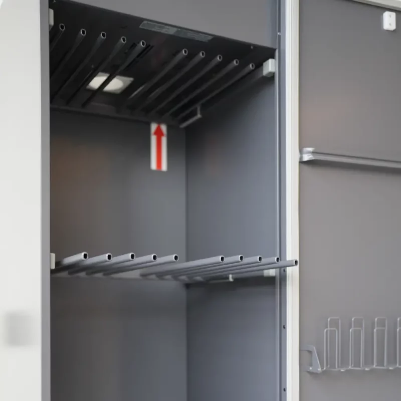 Closeup of top shelf inside Ready Rack™ Vortex DC2 Drying Cabinet — 2-Gear, highlighting sturdy rack construction for holding helmets and smaller gear.
