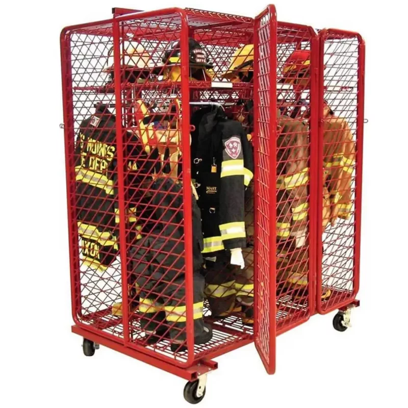 Front-side view of Ready Rack™ Mobile Red Rack fully stocked with firefighting helmets, shirts, and pants, featuring side door frames with one door open and shelves on the opposite side holding additional gear for organized, accessible storage.