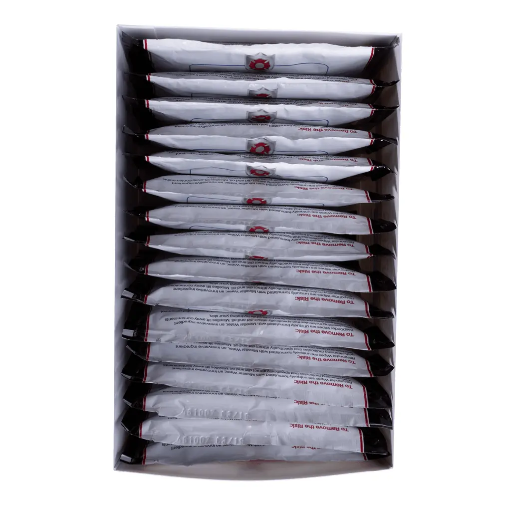 Top interior view of Ready Rack™ Responder Wipes box showing stacked disinfectant wipes inside the container for easy access and quick sanitization by emergency responders.