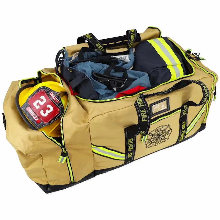 Front side view of a Lightning X LXFB10XT 3XL Ripstop Turnout Gear Bag with top and side compartments open, showing organized storage for firefighter gear.