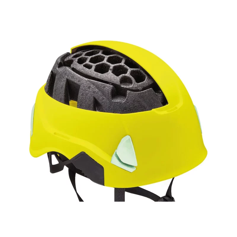 Petzl® STRATO® VENT HI-VIZ Helmet in yellow, shown with interior under-shell visible, highlighting its ventilation system and impact absorption features for enhanced safety and comfort.