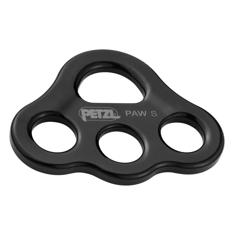 Black Petzl® PAW Rigging Plate with four holes, showing its compact aluminum design for organizing carabiners and managing rope systems.