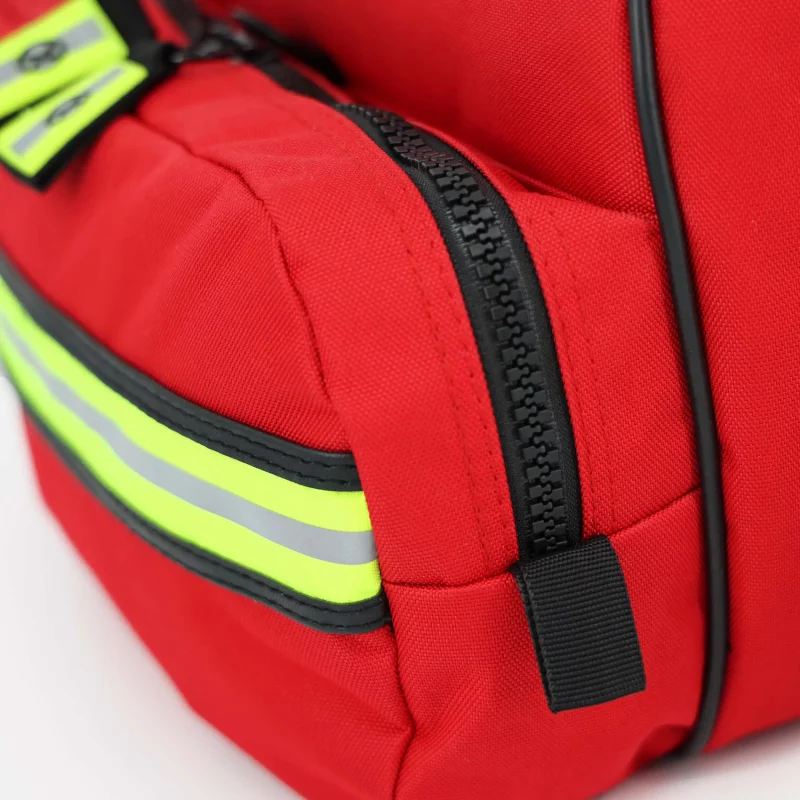Closeup of Lightning X LXMB30 red variant side panel, emphasizing reinforced stitching and heavy-duty fabric.