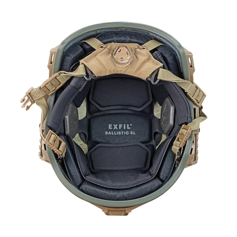 Under view of Team Wendy® EXFIL® Ballistic SL Helmet in ranger green displaying padded interior, adjustable straps, and comfort features.