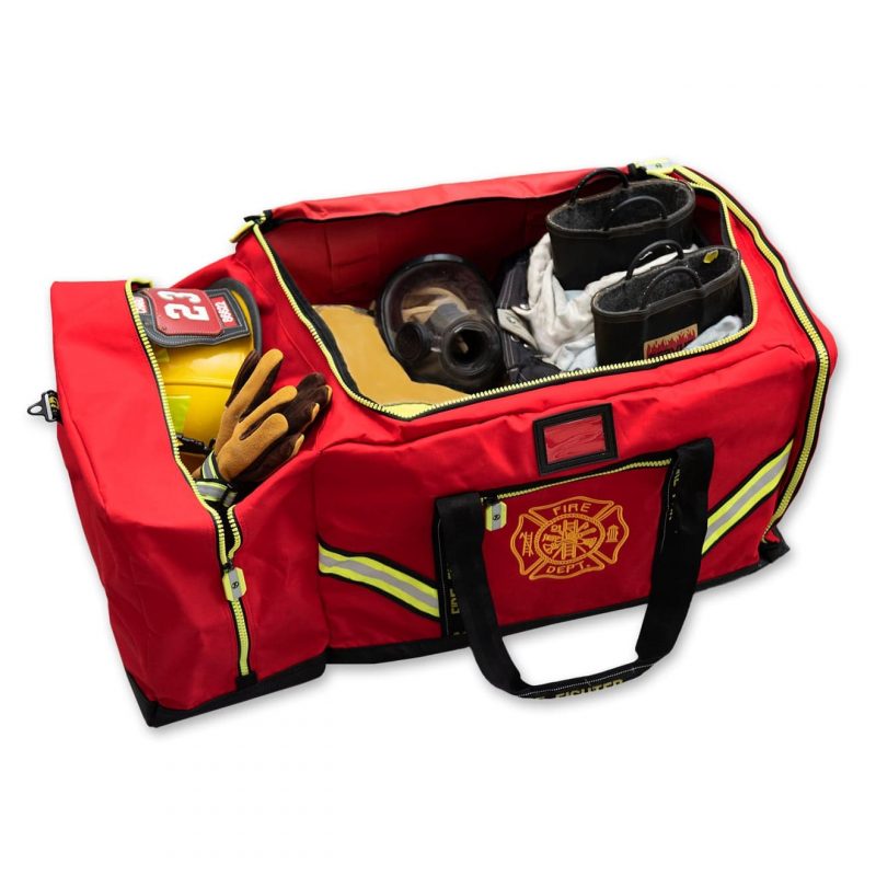 Front side view of Lightning X LXFB10 red variant 3XL Turnout Gear Bag with compartments open and firefighter gear inside, showcasing organized storage.