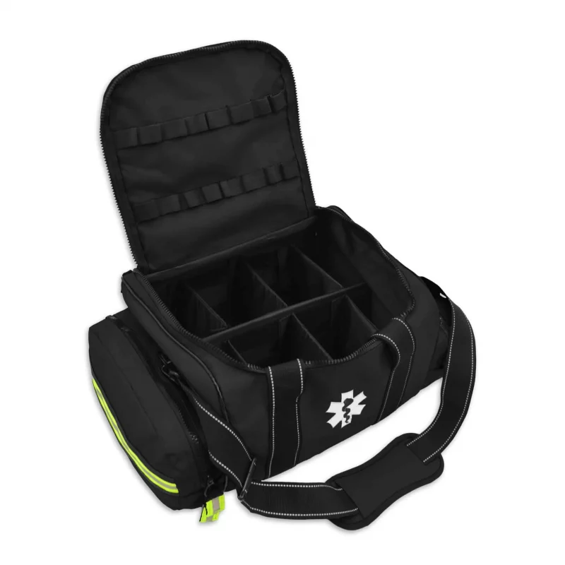 Front view of Lightning X LXMB30 black variant large EMT first responder bag with top open, revealing spacious, organized interior compartments.
