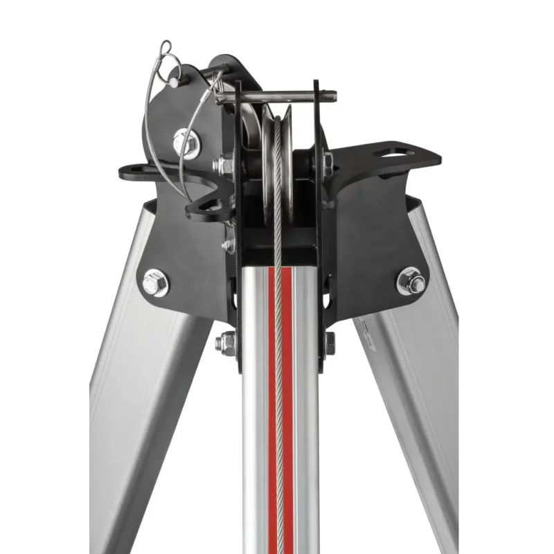 Close-up of the top of the CMC™ Triskelion™ tripod showcasing secure steel rope attachment points and heavy-duty hardware for reliable rescue operations.