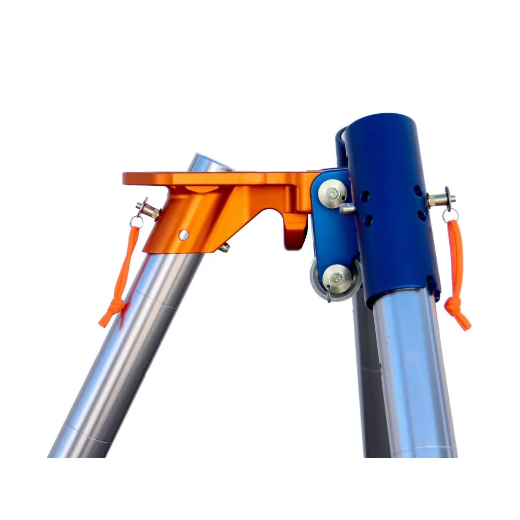 Close-up side view of the top section of the CMC™ Arizona Vortex Kit tripod, featuring the head assembly and side connection points used in technical rescue operations.
